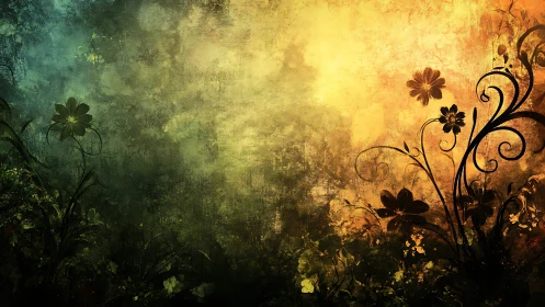 Ethereal Floral Gradient: Green to Gold Digital Artwork