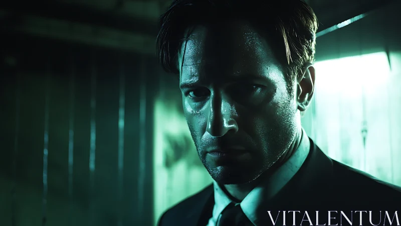 Sweat drenched man stands under harsh teal backlight