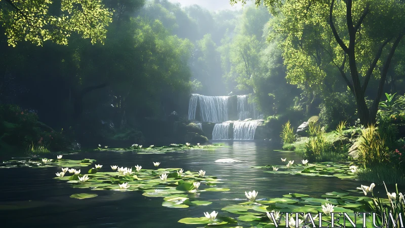 Lush forest waterfall and lily-covered pond in sunlight.