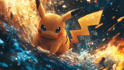 Dynamic Pikachu charging through fire and water clash.