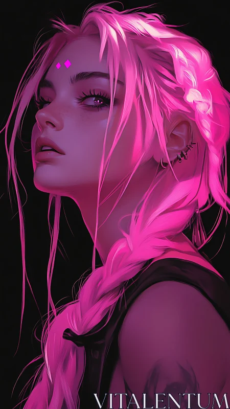 Neon-braided rebel gazes skyward in ultraviolet quiet.