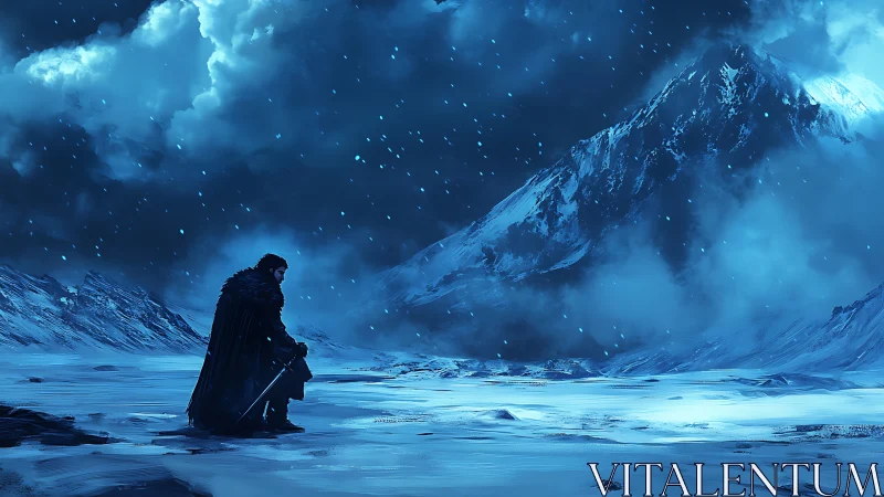 Lone warrior stands in a stormlit frozen mountain expanse