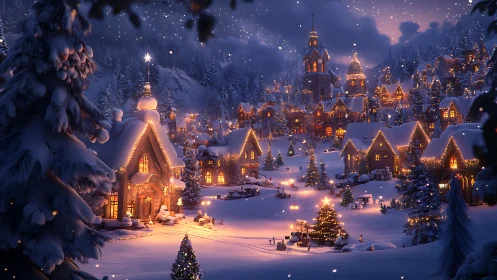 Snow laden alpine village with festive winter illumination at dusk