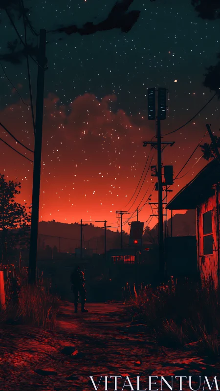 Crimson dusk swallows a lone wanderer beneath wired stars