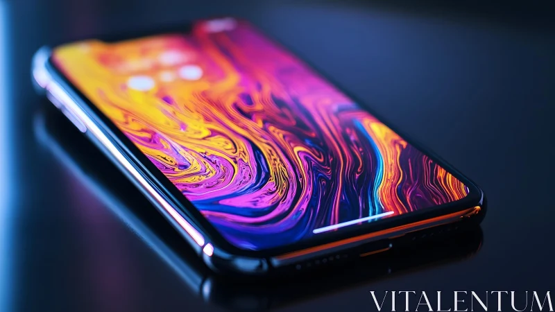Modern smartphone with vibrant abstract wallpaper in dark lighting.