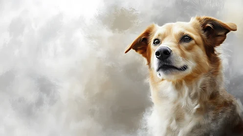 Golden dog portrait against misty neutral backdrop.