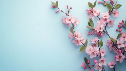 Pink Cherry Blossoms on Light Blue Background.