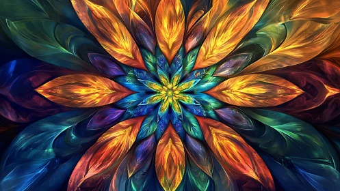 Radially symmetric fractal petal array with spectral chromatics.