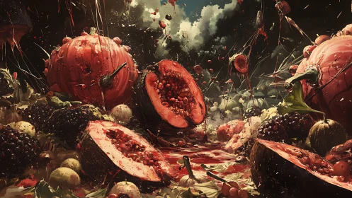 Riot of splattered autumn fruit in a stormy fantasy feast.