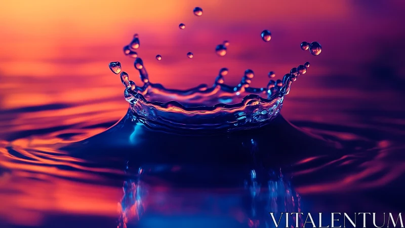 Water droplet crown splash in vivid orange and blue light.