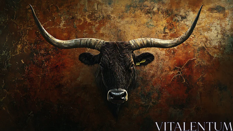 Majestic longhorn portrait glowing against rustic bronze wall.