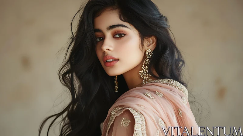 Graceful woman in peach sari shares a quiet, elegant moment