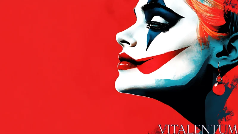 Harlequin profile portrait contrasts crimson and teal paint.