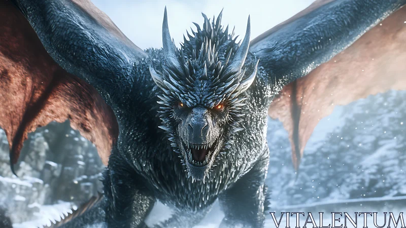Hyperdetailed icy dragon charging in snowbound mountain valley
