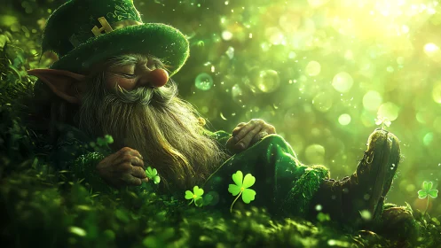 Sleepy leprechaun resting in glowing clover meadow dreamscape.