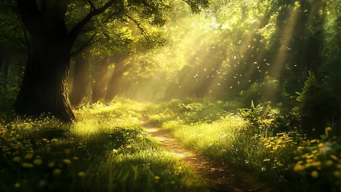 Sunlit Forest Path with Lush Greenery in Dreamy Digital Art.