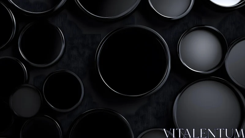 Glossy Black Circular Shapes on Dark Abstract Background.