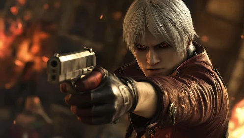 White haired gunman in red jacket aiming forward in firelit scene.