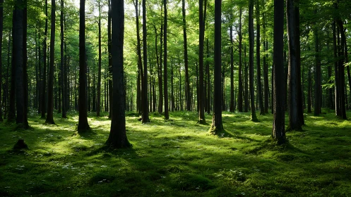 Sunlit Forest Canopy Creates Serene Green Cathedral