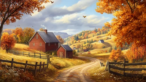 Autumn rural valley with red farmhouse, curved dirt road and layered depth