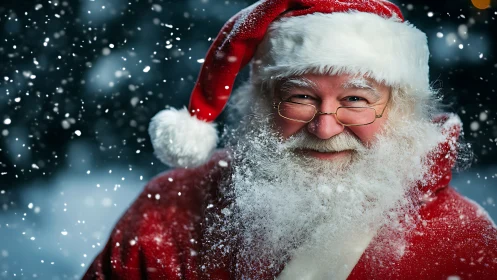 Close-up photorealistic Santa portrait in snowy winter bokeh