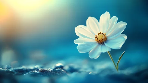 White Cosmos Flower with Yellow Stamen Center Against Teal Background.