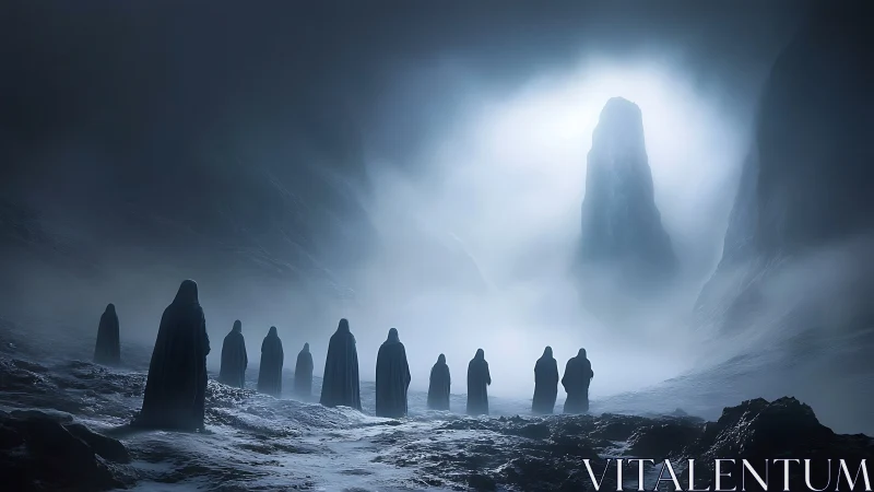 Cloaked pilgrims crossing a frozen valley of spectral light.