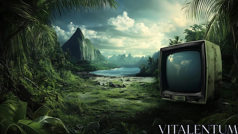 Old television rests on lush tropical beach under clouds