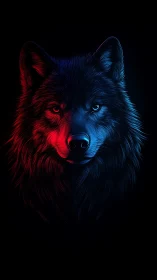 Bicolored neon wolf portrait uses red and blue rim lighting