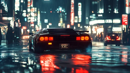 Sports car on wet neon city street at night in rainfall.