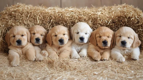 Golden retriever puppies rest in aligned formation on straw bedding