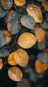 Raindrops rest on orange and gray leaves in shallow focus