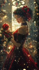 Yuletide enchantress in scarlet gown among drifting golden snow.