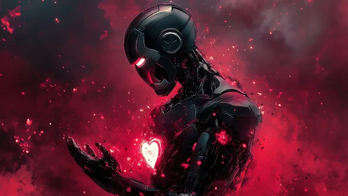 Cybernetic humanoid torso with luminous core in red nebular cloud