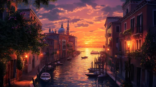 Canal city sunset with boats and distant domed skyline.