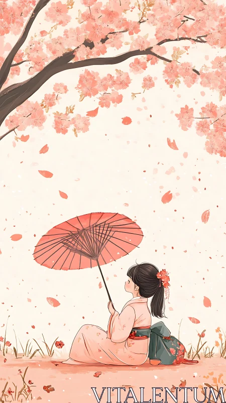 Girl in kimono rests under falling cherry blossoms calmly