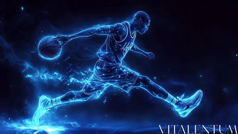 Neon wireframe basketball dunk in dynamic cyberpunk silhouette.
