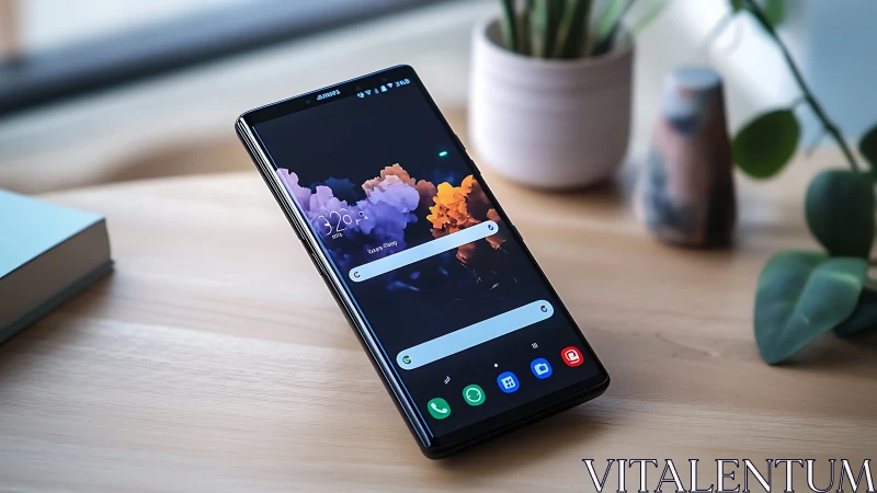 Samsung Galaxy Fold displayed on wooden desktop workspace environment.