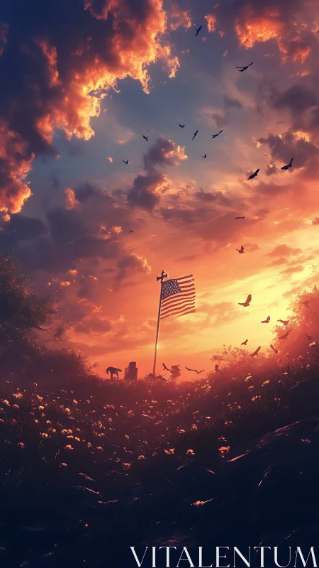 Flagpole and field appear under stratified sunset cloud cover