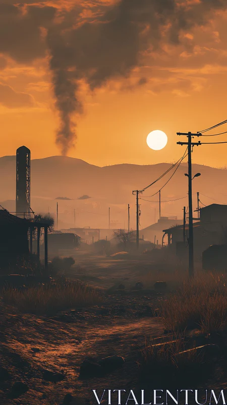 Lonely dirt road cuts through a hazy sunset industrial wasteland