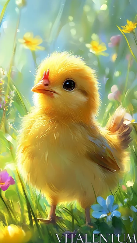 Adorable Yellow Chick Surrounded by Spring Flowers.
