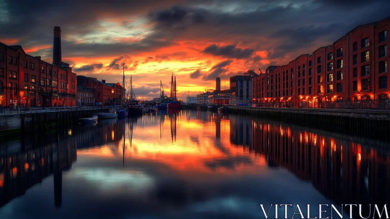 Glowing city canal reflects a fiery, peaceful evening sky