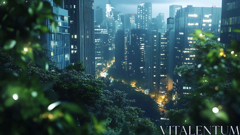 Emerald terraces gaze over neon towers in rainwashed dusk.