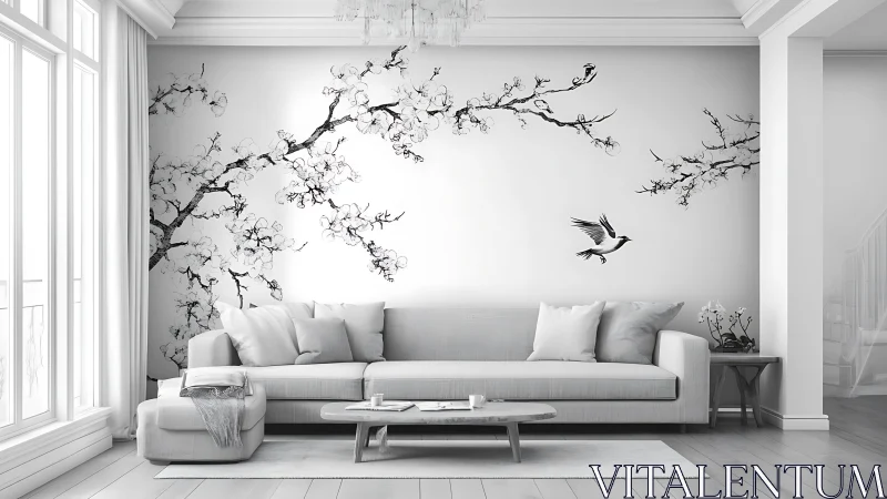 Minimalist living room showcases monochrome cherry blossom mural