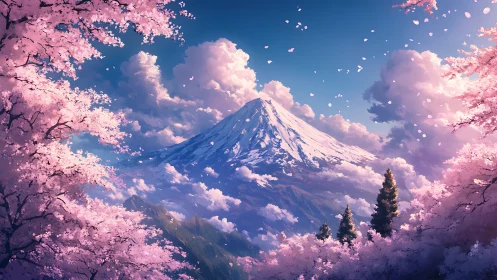 Snowcapped peak framed by luminous cherry blossoms at dusk.