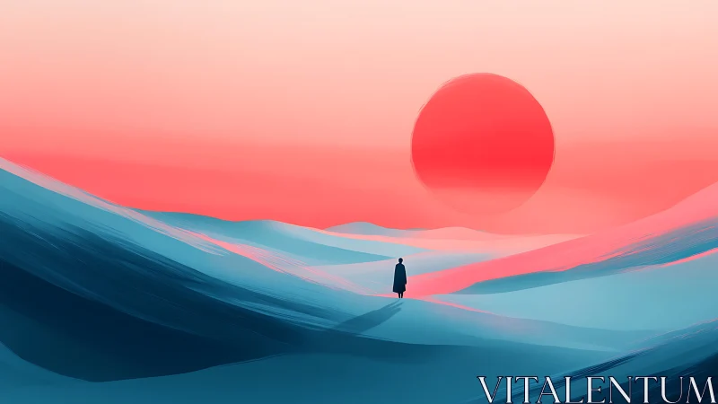 Minimalist digital landscape with lone figure and red sun.