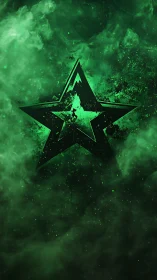 Grunge fractal star emblem within emerald vapor field.