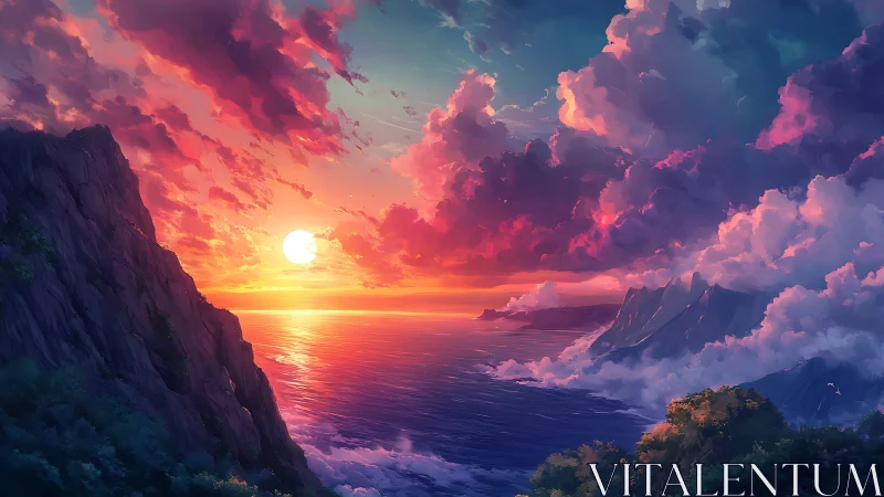 Radiant coastal sunset with luminous clouds and cliffs.