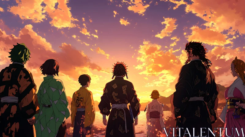 Samurai silhouettes observe a vivid cinematic sunset horizon