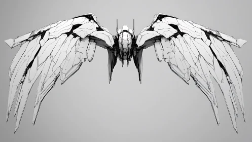 Symmetric mech-angel wing assembly with shard-segmented plating.